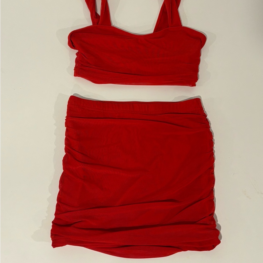 SHEIN Red Mini Pencil Skirt Set Ruched